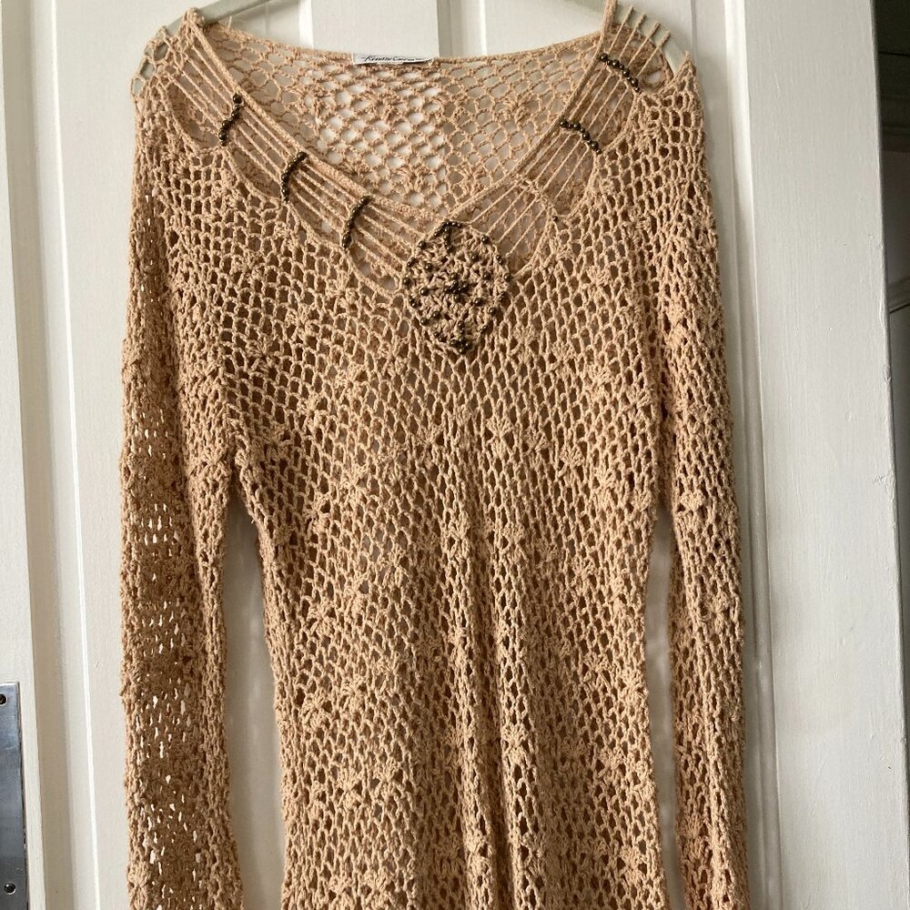 Beaded Kenneth Cole New York Crochet long top or dress Beige Size S